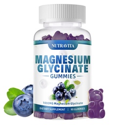 Magnesium-Glycinat-Gummien 1000mg mit Magnesium L-Threonat,Chelat Magnesium-Kalium-Komplex-Ergänzung mit VitD, B6, CoQ10, Calcium,Unterstützung für Gedächtnis, ruhig, Stimmung - 90 Gummi Blueberry