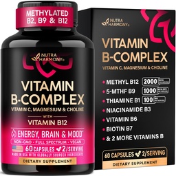 Vitamin B-Komplex für Männer und Frauen - Riboflavin B2, B12, B1, B3, B5, B6, B7, B8, B9 | Vitamin C, Choline, Inositol - B-Komplex-Ergänzung - Energie, Gehirn & Herz-Unterstützung - Made in USA, 60 Vegan Caps