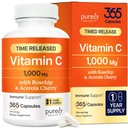 Rein ganzheitliches Vitamin C 1000mg, 365 Kapseln, 12 Monate Versorgung, 2 Stage Timed Release mit Ascorbic Acid, Rosehip & Acerola Cherry Bioflavonoid, Immunsystem Unterstützung, Vegan