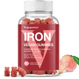 Vegane Eisen-Gummi-Ergänzung - mit Vitamin C, A, B-Komplex, Folat, Zink für Erwachsene & Kinder - Health Blood & Energy Support for Iron Deficiency, Anemia, No After Taste - Peach Flavor (90 Ct)