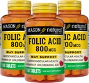 MASON NATURAL Folsäure 800 mcg - Hilft Nervous System Funktion, Tägliche Ergänzung für Gesundheit, Mood und Prenatal Pflege, für Frauen des Kindesalters, 100 Tabletten (Pack von 3)