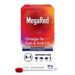 Megared Omega-3 Fisch & Krill Öl-Ergänzung 900mg - MegaRed Advanced 4in1, 60 Softgels, 2x Mehr Omega-3, Herz, Gelenk, Gehirn und Auge Ergänzung, Rot, 60 Zählen