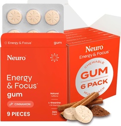 NeuroGummi Energy & Focus Gum (54 Count-6 Pack, Cinnamon) | 40mg Natürliches Koffein + L-Theanin + Vitamin B12 & B6 + Xylitol | Zucker Kostenlose Nootropic kognitive Gehirnleistungsergänzung