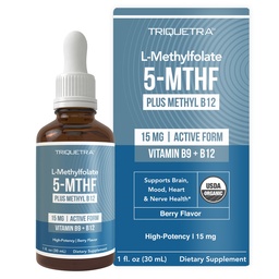 L Methyl Folate 15mg Plus Methyl B12 Cofactor – Bio Berry Flavor, High Potency Liquid Sublingual Active 5-MTHF Form - Unterstützt Stimmung, Methylierung, Kognition – Bioaktive Formen Vitamin B9 & B12 (1oz)
