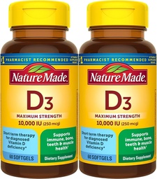 Nature Made Maximum Strength Vitamin D3 10000 IU (250 mcg), Nahrungsergänzung für Knochen, Zähne, Muskel- und Immungesundheitsunterstützung, 60 Softgels, 60 Tage Versorgung - Paket von 2