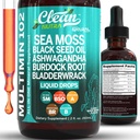 Clean Nutra Organic Sea Moss Drops Supplement | Schwarz Seed Oil Irish Seamoss Ashwagandha Burdock Root & Bladderwrack - Multimineral Liquid Vegan für Gut Heath Energy Skin Immununterstützung & Haar