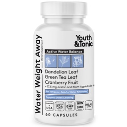 Jugend & Tonic Natürliches Wasser Gewicht Weg – Kräuterdiuretische Pillen für Bloating, Wasser Retention & Swelling Unterstützung für Frauen & Männer – 60 Caps mit Dandelion, Kalium, Grüner Tee & Apfel Apfel Apfelessig