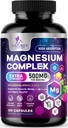 Magnesium Complex Supplement 500 mg - 5 in 1 Hohe Absorption Chelat Magnesium Glycinat, Malat, Citrat, Oxid, Aquamin - Non-GMO Magnesio Kapseln, Knochenmuskel & Herz Gesundheit Unterstützung, 120 Kapseln
