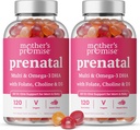 Pränatale Vitamin-Gummien mit DHA | Vegan Pränatale Vitamine für Frauen mit Omega 3, Folat, Choline & D3, Prägnanz-Vitamine für Fetale Entwicklung | Gummy Multivitamin Supplement, 120 Zähler (2-Pack)