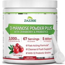 Zazzee D-Mannose Powder Plus, 2000 mg, 67 Portionen, Potent & Fast-Acting, Plus 5 Billion CFU Probiotics und Pure Cranberry Juice Extract, Kosher, Free Scoop, 6.5 Oz, Gluten-Free, Non-GMO All-Natural