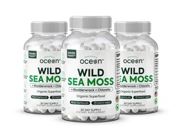 Bios Ocean Wild Sea Moss Capsules - 100% Bio Irish Sea Moss mit Bio Chlorella, Bladderwrack und Vitamin D für Energie, Lung Health und Schilddrüse Unterstützung für Frauen und Männer - 3 Flaschen