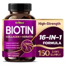 GriMed BIOTIN mit Collagen + Keratin 7,275mg Starke Nägel & Haare, Radiant Haut, Gesunde Alterung- USA Made & Tested (150 Count (Pack von 1))