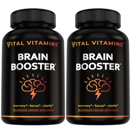 Vital Vitamins Brain Ergänzungen für Gedächtnis und Fokus (2-Pack)– Nootropic Brain Booster mit Ginkgo Biloba, Rhodiola, B12 – Koffeinfreie Unterstützung für Erwachsene & Senioren – 60-Tage Versorgung