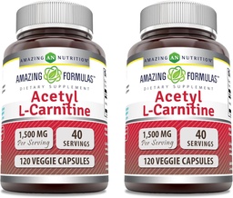 Formules étonnantes Acétyl L-Carnitine 1500 Mg par portion Capsules de légumes Supplément de non-OGM , sans gluten , Fabriqué aux États-Unis , Convient aux végétariens (120 Nombre) , Pack de 2