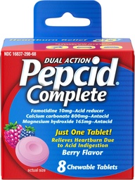 Pepcid Complete Acid Reducer + Antacid for Acid Reflux, 10mg Famotidin, 800mg Calcium Carbonate & 165mg Magnesium Hydroxide per Heartburn Medicine Tablet, Antacid Chews, Berry, 8 ct