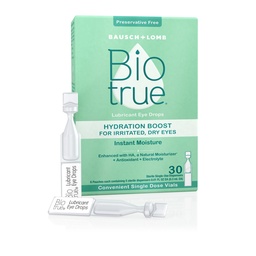 Biotrue Hydration Boost, Konservierungsfreie Augentropfen für trockene Augen, Instant Moisturizes, Rehydrates, Kontaktlinsen freundlich, Refresh & Relieve Eye Irritation, 30 Single-Use Vials (Pack von 1)
