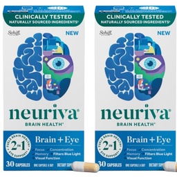 NEURIVA Gehirn + Augenergänzung für Gedächtnis, Fokus & Konzentration mit klinisch getestetem Lutein und Zeaxanthin, Vitamine A C & E + Zink für Augengesundheit & Filter Blaues Licht 30 Zähler Kapseln (2 Packung)
