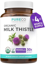 PURE CO USDA Organic Milk Thistle Capsules - 80% Silymarin Ergänzung für Leberunterstützung- Super Konzentrat 300mg von 30:1 Milchdistel Extrakt Leber Detox 120 Tage Versorgung