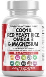 Clean Nutraceuticals COQ10 200mg Red Yeast Rice Omega 3 Magnesium Complex 500mg Niacin Zink Vitamin K2 D3 - Herzunterstützung Vitamine für Frauen und Männer w/Vitamin B3, Coenzym Q10-60 Ct