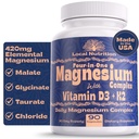 4-en-1 Complexe de magnésium 420mg avec vitamine D3 K2 - Supplément de magnésium Premium avec le malate de magnésium, le bisglycinate (glycinate), le taurate et le chlorure - 90 Capsules fabriqués aux États-Unis