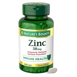 NatureS Bounty Zinc 50mg, Immuni Support & Supplément Antioxydant, favorise la santé de la peau, 1 Caplet par jour, sans gluten, 250 Caplets végétariens