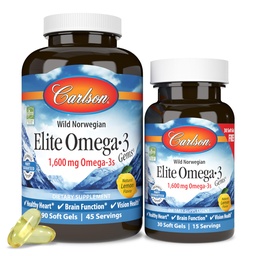 Carlson - Elite Omega-3 Gems,1600 mg Omega-3 acidi grassi compresi EPA e DHA,Norvegia, Wild-Caught olio di pesce supplemento,Sostenibilmente Sourced Capsule, Limone, 90+30 Softgels