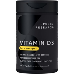Sport Research® Vitamin D3 w/Coconut MCT Öl - Hohe Potenz Vitamin D3 5000iu (125mcg) Ergänzung für Immun- und Knochenunterstützung - Saatgutölfrei - Nicht-GMO - Glutenfrei (360 flüssige Weichgel)