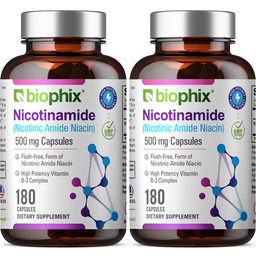 biophix B-3 Nicotinamid 500 mg 180 Caps 2 Pack - Nicotinic Amide Niacin Natural Flush-Free Vitamin Formula - Unterstützt Hautzellengesundheit