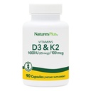 NaturesPlus Vitamines D3 (1000 UI) et K2 (100 mcg) - Végétarien, Sans gluten - 90 Capsules, 90 portions