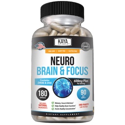 Kaya Naturals - Neuro Gehirn für Gedächtnis & Fokus - Nootropic Energy Capsule - Nootropic Brain Support Supplement - Fokus & Konzentration & Lerngenauigkeit - Kognitive Funktion - 180 Zähler