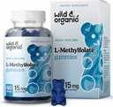 Wild & Organic L-Methylfolate 15mg Gummi - Mood & Brain Support - Folate 5-MTHF Supplement für Gehirn, Fokus, Klarheit - Folate Supplement w/Vitamin B9-60 Non-GMO L Methylfolate Gummis