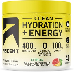 Ascent Clean Hydration + Energy Electrolytes Powder - 100mg Koffein, 400mg Elektrolyte, keine künstlichen Inhaltsstoffe, Citrus 40 Servierungen
