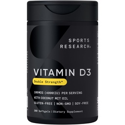 Sport Research® Vitamin D3 4000 IU mit Kokosnuss-MCT-Öl - doppelte Stärke Vitamin D-Ergänzung - Glutenfrei · Non-GMO · Soy Free - 360 Count Softgels