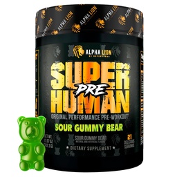ALPHA LION Poudre pré-entraînement surhumaine, Beta Alanine, L-Taurine et caféine Tri-Source pour énergie durable et focus, oxyde nitrique et citrulline pour pompe (21 portions, aigre-goutte-ours)