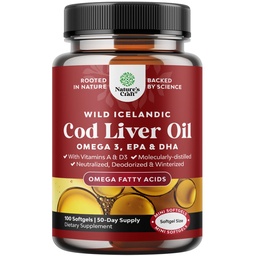 Iceland Wild Caught Cod Liver Oil Softgels - Fisch Omega 3, EPA, DHA, Vitamin D & A, 1000 mg pro Portion - Burpless Kapseln für Herz, Gelenk, Gehirn & Immune Support - 100 Count