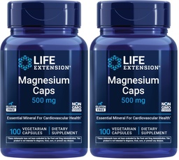 Life Extension Magnesium Caps, 500 mg, Magnesiumoxid, Citrat, Succinate, Herzgesundheit, Gesunde Knochen, Stoffwechselunterstützung, 100 vegetarische Kapseln (Pack von 2)