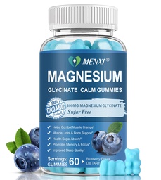 Magnesium-Gummi 600mg pro Servier-Magnesium-Glycinat 400mg und Magnesium Malat 200mg,Sugar freie Magnesium-Kalium-Ergänzung für ruhige Stimmung, Muskel, Knochen & Schlaf-Unterstützung,60 Blueberry-Gummien