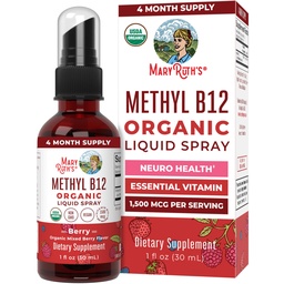 MaryRuth Organics Vitamin B12 Flüssiges Spray | Vegan, Non-GMO, Gluten-Free | USDA Organic Supplement | Energie & Nervous System Unterstützung | B12 Vitamine für Frauen & Männer | 1.500 mcg | 1 Fl Oz