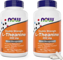 NOW Foods L-teanina, doppia resistenza 200 mg Per Cap - 180 capsule di veg (pacchetto di 2) (360 tappi totali) - potenziato con 100mg Inositol - Vegetariano, Non OGM - Ltheanine 200mg supplemento