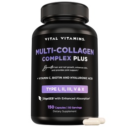Vital Vitamine Multi Collagen Complex Plus - mit Biotin, Hyaluronsäure, Vitamin C - Typ I, II, III, V, X - für Damen und Herren - Haar, Haut, Nails Beauty Complex - 150 Kapseln