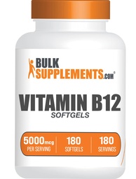 BulkSupplements.com Vitamine B12 5000 mcg Softgels - Cyanocobalamine, Suppléments vitamine B, B12 Vitamines Pills - Sans gluten, 1 Vitamine B12 Softgel par portion, 180 jours d'approvisionnement, 180 Softgels