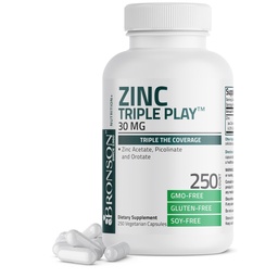 Bronson Zinc Triple Play 30mg Dreifache Abdeckung Immununterstützung mit Zink-Azetat, Picolinat & Orotat - Immune, Antioxidans & Haut Gesundheitsunterstützung - 250 Vegetarische Kapseln