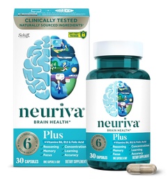 NEURIVA Plus Brain Supplement für Speicher, Fokus & Konzentration + Kognitive Funktion mit klinisch getesteten Nootropics Phosphatidylserin und Neurofactor, Vitamine B6 & B12, 30 Zählkapseln