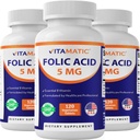 Vitamatic Folic Acid 5mg (5000 mcg) – 120 Vegetarische Tabletten pro Flasche – Vitamin B9 (Folate) – 3-Pack | Gesamt 360 Tabletten