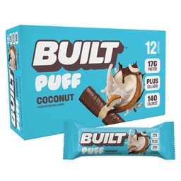 Erbaute Bar, Puff Protein Bars, Coconut Puff, 17g Protein Snacks, On-The-Go Bars, Nur 140 Kalorien, 6g Zucker, Kollagen, Glutenfrei, 12 Zähler
