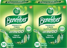 Benefiber On The Go Prebiotic Fiber Supplement Powder for Digestive Health, Daily Powder, Unflavored Stick Packs - 36 Sticks (Pack von 2)