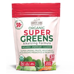 Country Farms Super Greens Berry Flavor, 50 Bio Super Foods, USDA Organic Drink Mix (Wheat Grass, Spirulina, Chlorella) Pilze & Probiotika, mit Fiber, Gut Health, Natural Energy, 30 Portionen