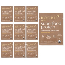Boobie Body Superfood Protein Meal Ersatz Shake, Kaffee Caramel Flavor | 19g Protein | Safe für Schwangerschaft, Lactation, & Mutterschaft | Organic, Vegan, Zero Sugar, 10 Single Serve Packets (1.06 oz pro Stück)