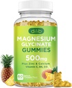 Magnesium Glycinat-Gummien 500mg Magnesium-Ergänzung mit Calcium, Zink, Vitamin C, B6, D3-Calm Kaugummis für Kinder & Erwachsene-Schlaf, Mood & Muskel-Support-Pineapple Flavor, 60 Gummis